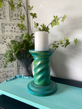 Load image into Gallery viewer, Wooden candle holder, hand painted green &amp; turquoise
