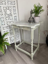 Load image into Gallery viewer, Vintage oak side table, sage green, floral top
