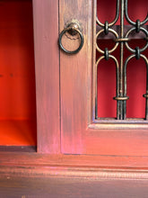 Load image into Gallery viewer, Boho style, hand painted slim cabinet. Red/orange solid wood console

