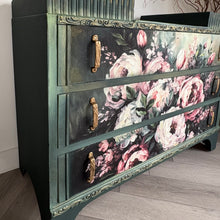 Load image into Gallery viewer, Vintage Hand Painted Floral Chest of Drawers, Deep Green Statement Furniture, Mid Century Dresser
