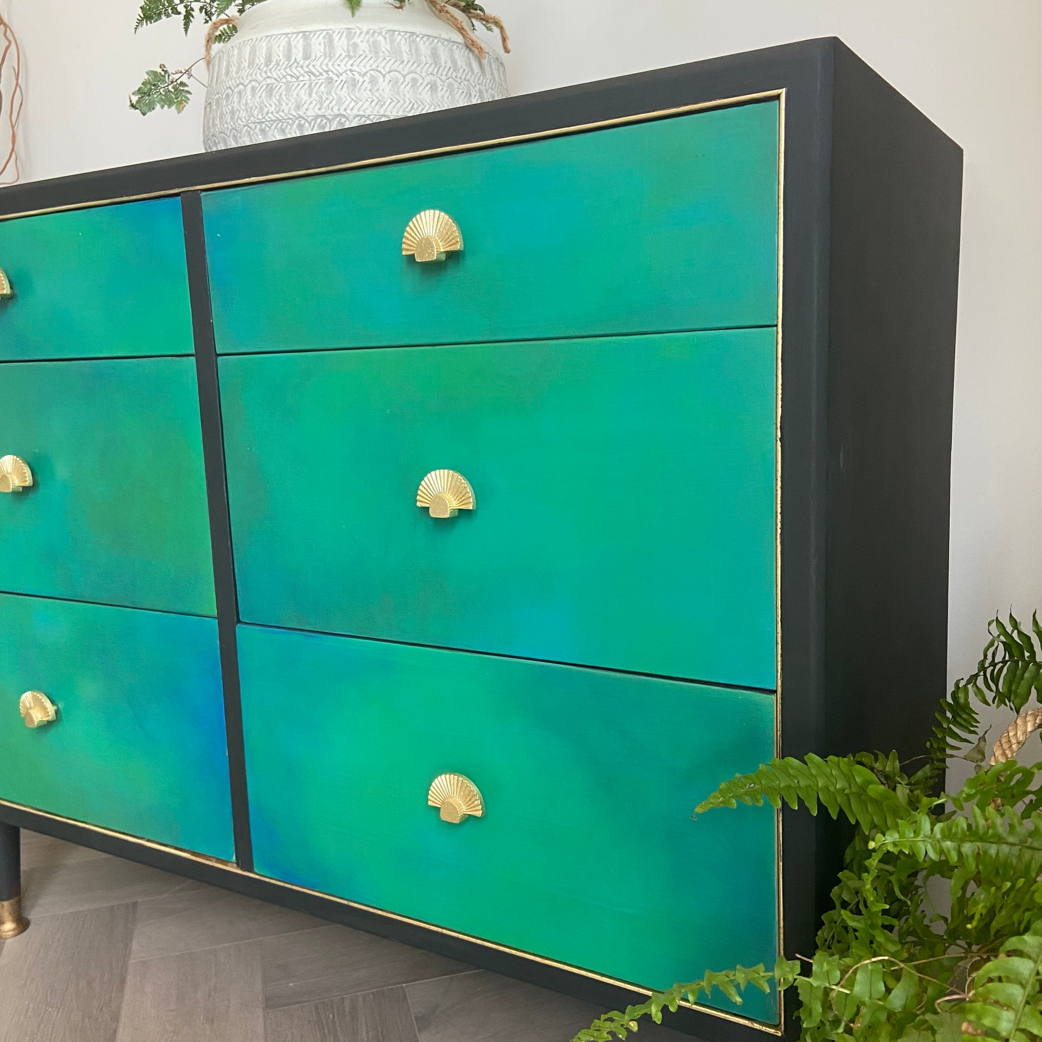 Mid-century low chest of drawers, dresser, green – Mckay Designs