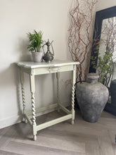 Load image into Gallery viewer, Vintage oak side table, sage green, floral top
