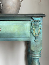 Load image into Gallery viewer, Hand painted vintage pine console table, green &amp; bronze, textured
