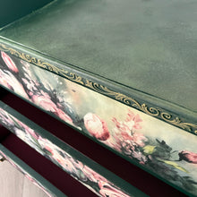 Load image into Gallery viewer, Vintage Hand Painted Floral Chest of Drawers, Deep Green Statement Furniture, Mid Century Dresser
