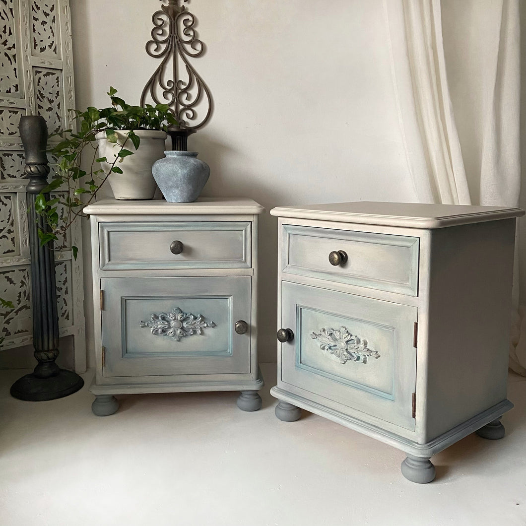 Pair of pine bedside cabinets, cream & duck egg