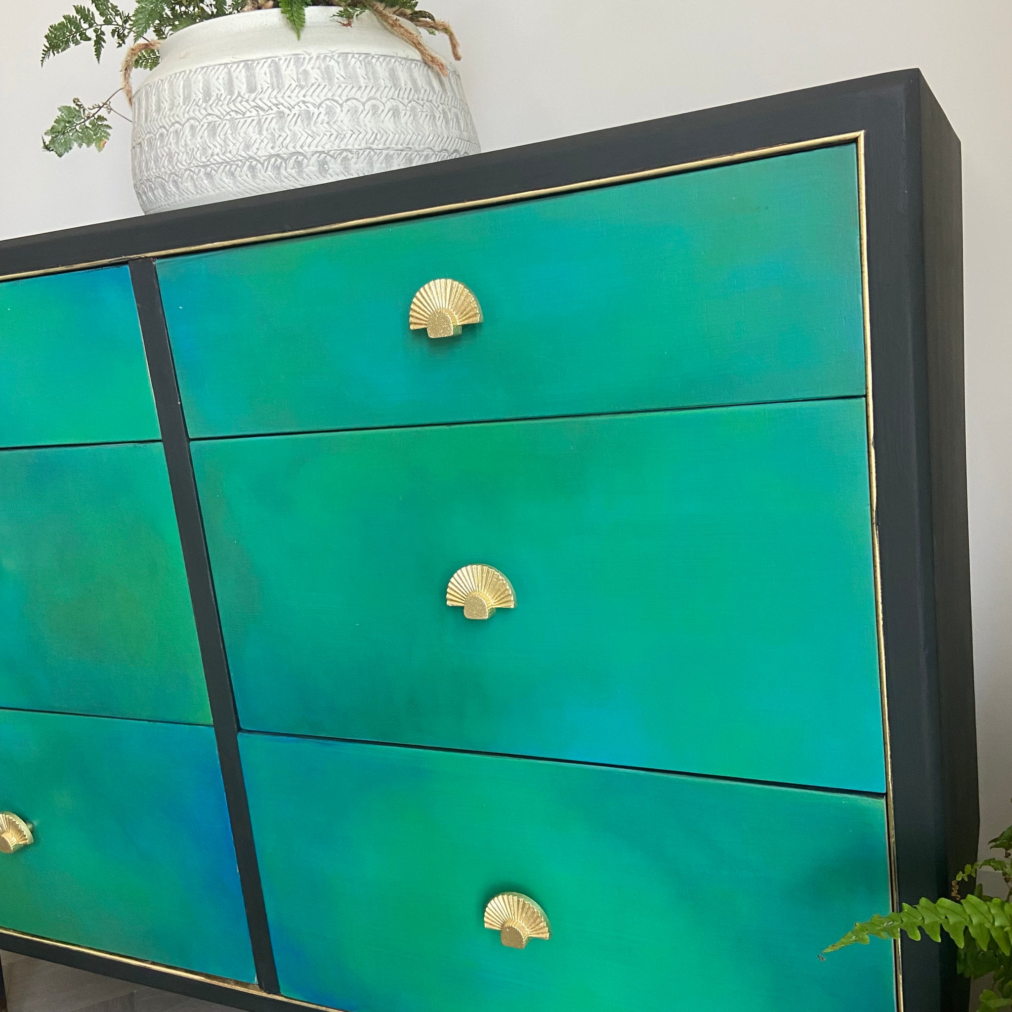Mid-century low chest of drawers, dresser, green – Mckay Designs