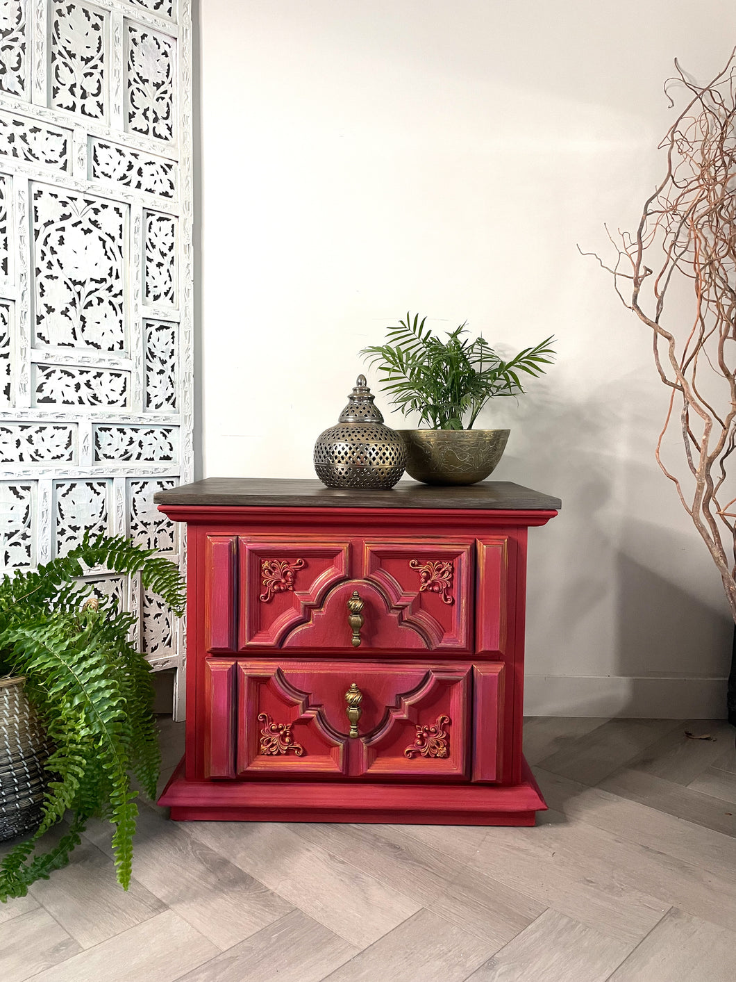 Hand painted boho bedside cabinet. Red pink drawers, Moroccan style