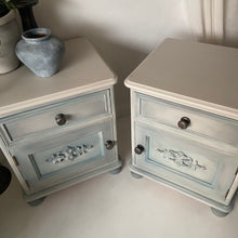 Load image into Gallery viewer, Pair of pine bedside cabinets, cream &amp; duck egg
