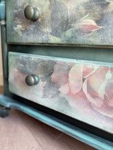 Load image into Gallery viewer, Hand painted pine chest of drawers, dark green and floral
