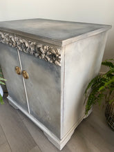 Load image into Gallery viewer, Vintage vinyl record cabinet, beige &amp; grey painted
