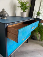 Load image into Gallery viewer, Hand Painted Chest of Drawers | Ombre Blue Mid Century Modern Furniture | Upcycled Vintage Storage
