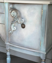 Load image into Gallery viewer, Vintage Hand Painted Sideboard in Beige, Seafoam &amp; Grey, Ornate French Style Cabinet, Statement Hallway Table Storage Unit

