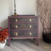 Load image into Gallery viewer, Vintage Hand Painted Chest of Drawers – Burgundy &amp; Gold Ornate Dresser, Upcycled Antique Style Furniture, Unique Boho Statement Storage
