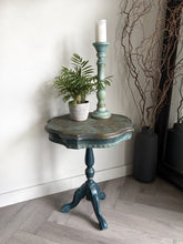 Load image into Gallery viewer, Hand Painted Pedestal Side Table | Vintage Boho Accent Table | Turquoise &amp; Bronze Patina Finish | Ornate Floral Top | Small Entryway Table
