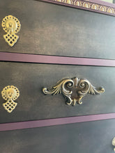 Load image into Gallery viewer, Vintage Hand Painted Chest of Drawers – Burgundy &amp; Gold Ornate Dresser, Upcycled Antique Style Furniture, Unique Boho Statement Storage

