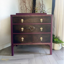 Load image into Gallery viewer, Vintage Hand Painted Chest of Drawers – Burgundy &amp; Gold Ornate Dresser, Upcycled Antique Style Furniture, Unique Boho Statement Storage
