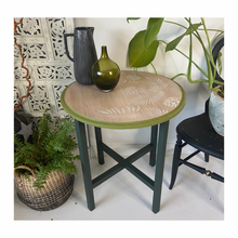 Load image into Gallery viewer, Mid-century side table, green and white with fauna design
