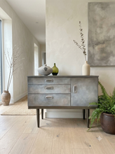 Load image into Gallery viewer, Hand painted retro mid century cabinet. Japandi styled, faux concrete and bronze painted console 
