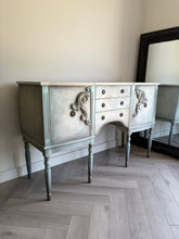 Load image into Gallery viewer, Vintage Hand Painted Sideboard in Beige, Seafoam &amp; Grey, Ornate French Style Cabinet, Statement Hallway Table Storage Unit
