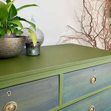 Load image into Gallery viewer, Vintage Mahogany Chest of Drawers, Hand Painted Green and Blue, Unique Statement Furniture, Colourful Upcycled Storage
