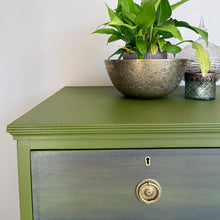Load image into Gallery viewer, Vintage Mahogany Chest of Drawers, Hand Painted Green and Blue, Unique Statement Furniture, Colourful Upcycled Storage
