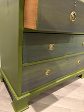 Load image into Gallery viewer, Vintage Mahogany Chest of Drawers, Hand Painted Green and Blue, Unique Statement Furniture, Colourful Upcycled Storage

