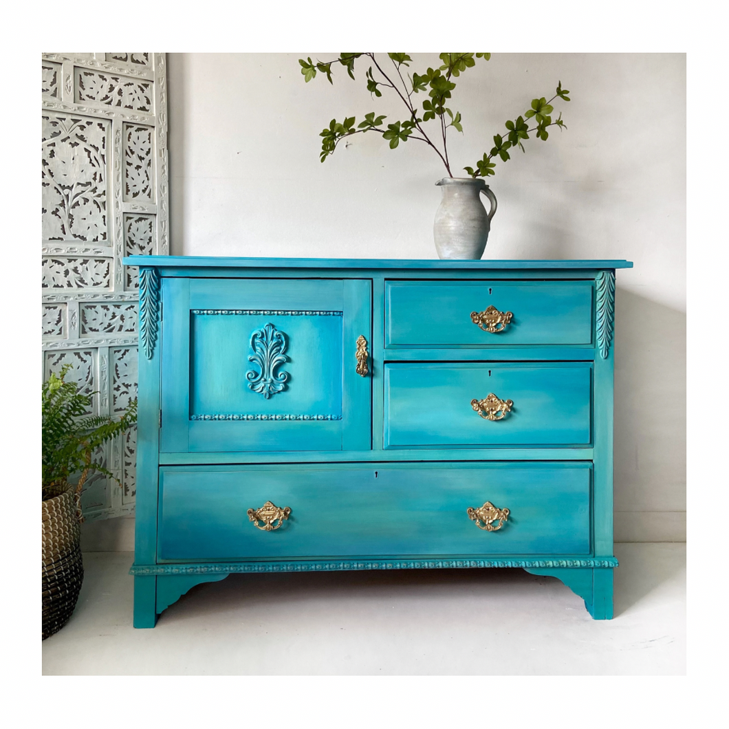 Vintage cabinet, small sideboard, painted turquoise blends