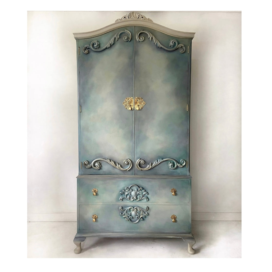 ornate vintage wardrobe, painted blends, blue cream, bedroom furniture