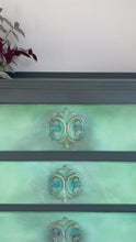 Load and play video in Gallery viewer, Vintage Painted Chest of Drawers, Forest Green and Turquoise Artisan Finish
