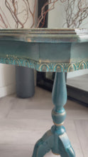 Load and play video in Gallery viewer, Hand Painted Pedestal Side Table | Vintage Boho Accent Table | Turquoise &amp; Bronze Patina Finish | Ornate Floral Top | Small Entryway Table
