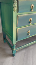 Load and play video in Gallery viewer, Vintage Hand Painted Chest of Drawers | 1930s Antique Dresser | Upcycled Teal Green Statement Furniture
