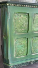 Load and play video in Gallery viewer, Hand Painted Oak Sideboard | Upcycled Green Storage Cabinet | Rustic Farmhouse Furniture
