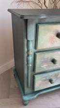 Load and play video in Gallery viewer, Hand painted pine chest of drawers, dark green and floral
