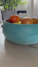 Load and play video in Gallery viewer, Turquoise Wooden Bowl Hand Painted Fruit Bowl Rustic Farmhouse Decor Carved Wood Centerpiece Boho Kitchen Table Decor Gift
