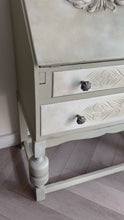 Load and play video in Gallery viewer, Vintage Oak Bureau, Sage Green Hand Painted Desk, Limewash Effect
