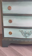 Load and play video in Gallery viewer, Hand Painted Vintage Mahogany Chest of Drawers | Bow Fronted, Deep Green, Blue &amp; Metallic Highlights
