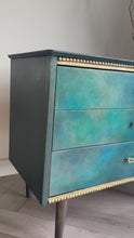 Load and play video in Gallery viewer, Mid Century Chest of Drawers Hand Painted Blue &amp; Teal
