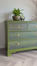 Load and play video in Gallery viewer, Vintage Mahogany Chest of Drawers, Hand Painted Green and Blue, Unique Statement Furniture, Colourful Upcycled Storage
