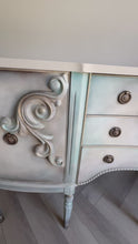 Load and play video in Gallery viewer, Vintage Hand Painted Sideboard in Beige, Seafoam &amp; Grey, Ornate French Style Cabinet, Statement Hallway Table Storage Unit
