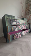 Load and play video in Gallery viewer, Vintage Hand Painted Floral Chest of Drawers, Deep Green Statement Furniture, Mid Century Dresser
