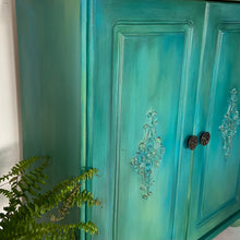 Load image into Gallery viewer, Pine cupboard with shelves, green turquoise
