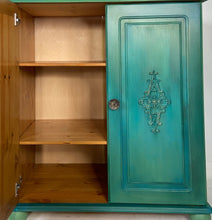 Load image into Gallery viewer, Pine cupboard with shelves, green turquoise
