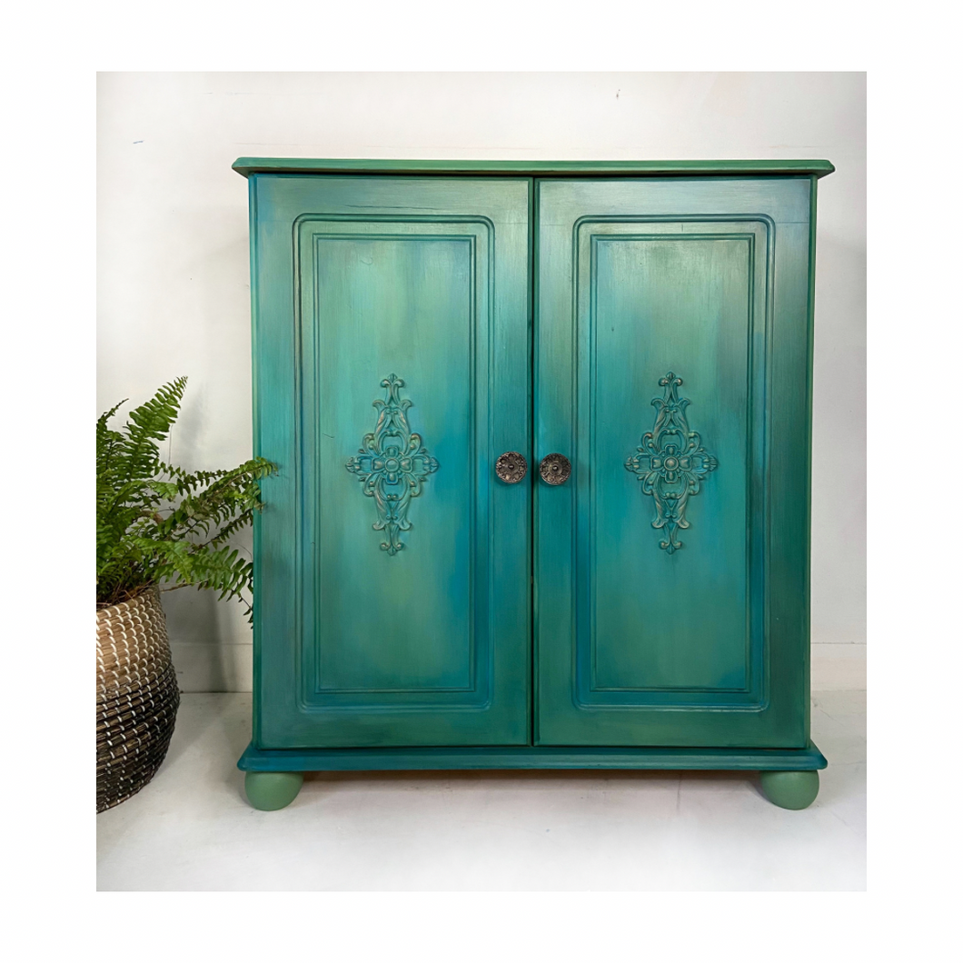 Pine cupboard with shelves, green turquoise