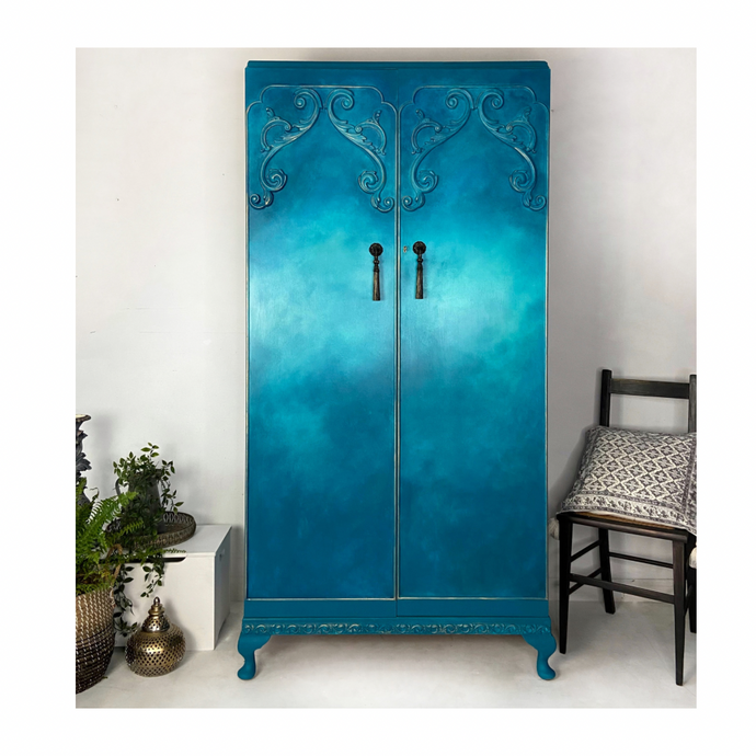 vintage double wardrobe, vibrant painted, blue turquoise, ornate
