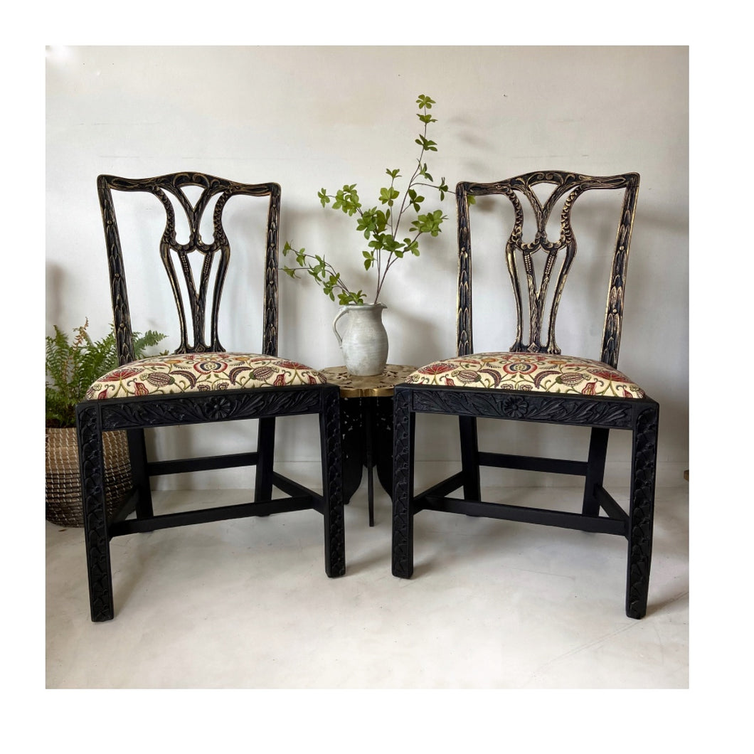 antique chairs, upholstered, painted black