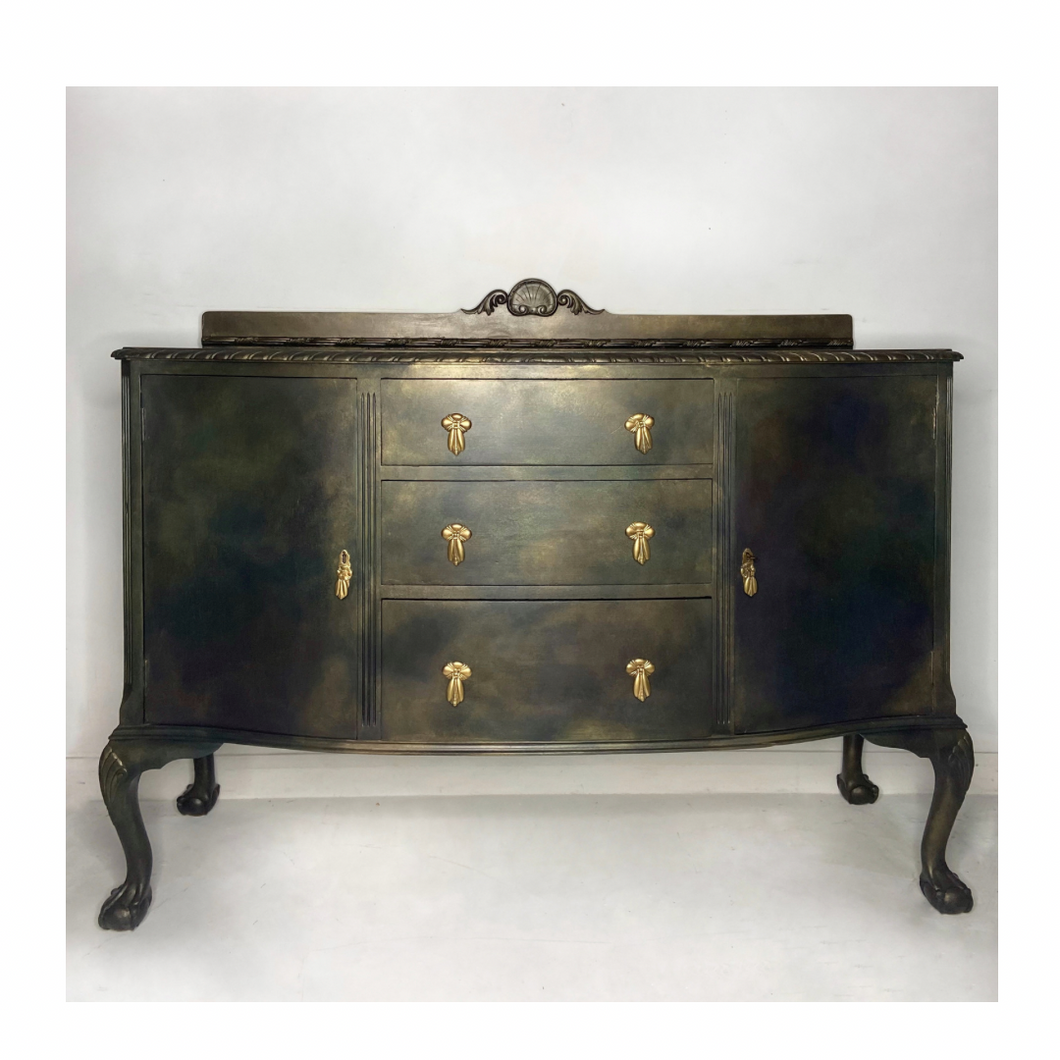Vintage sideboard with ball & claw feet. Black, bronze and green.